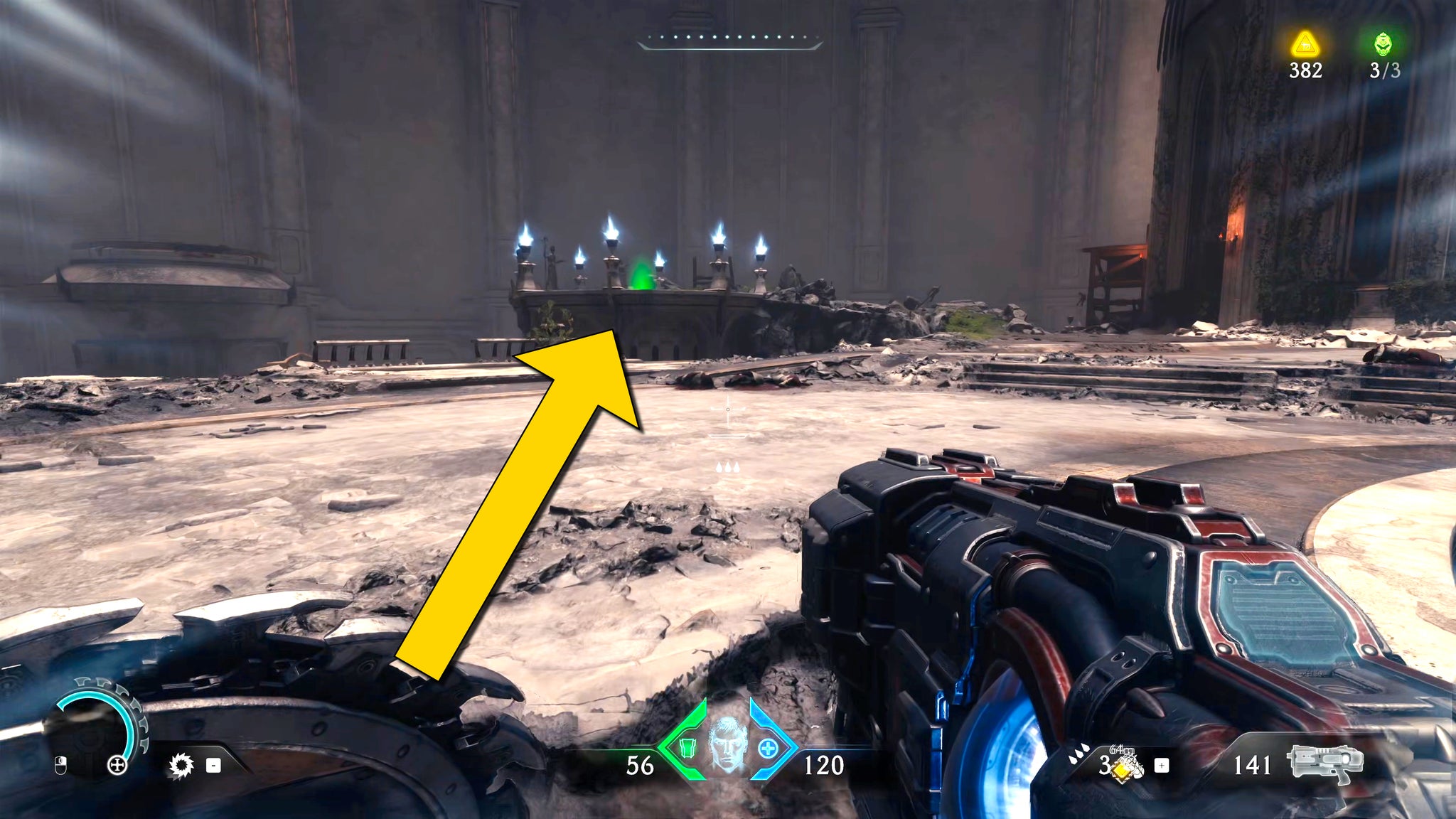 The player in Doom: The Dark Ages approaches a circular platform in Chapter 5 with a green button in the centre of the floor. - 11