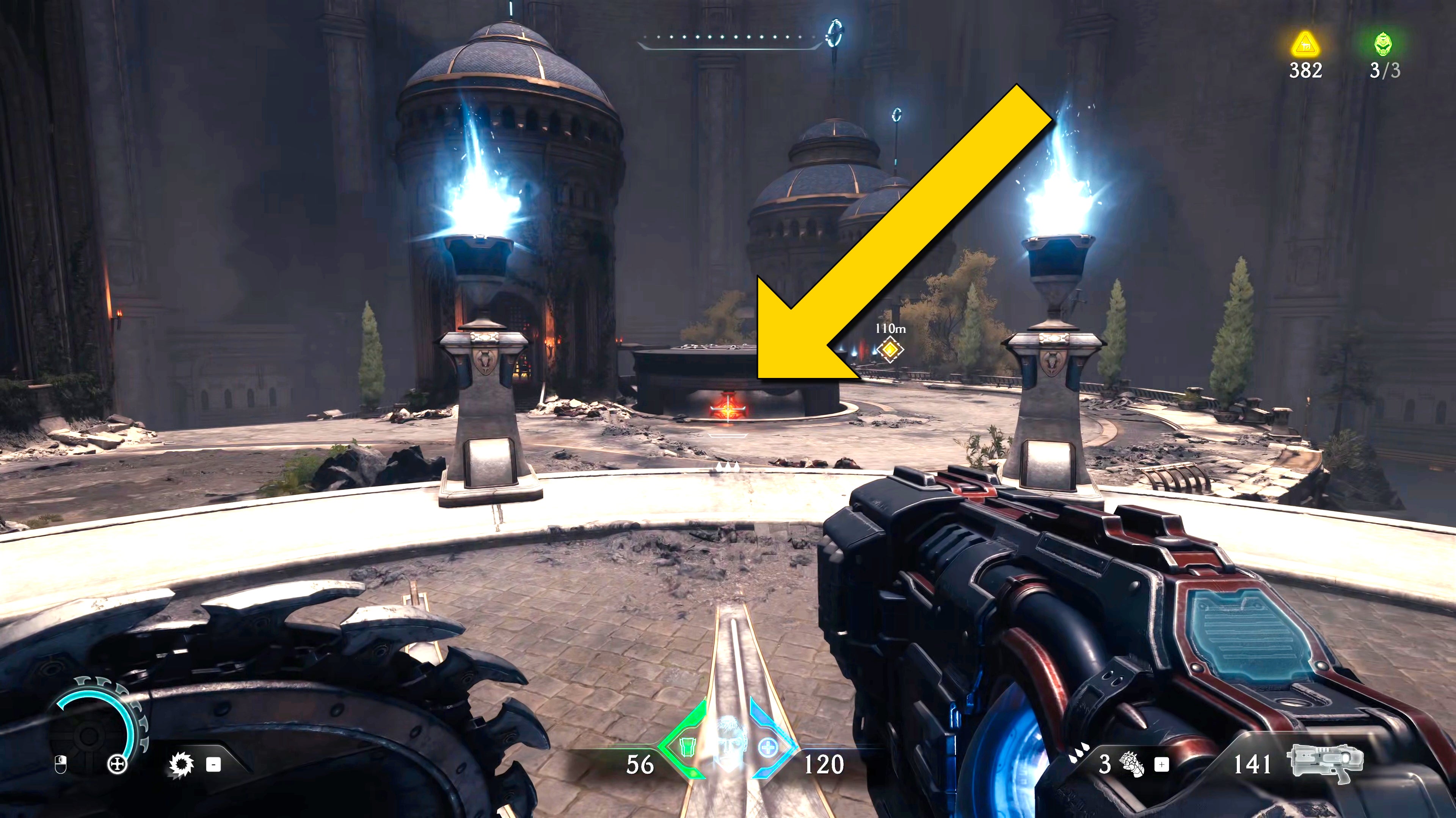 The player in Doom: The Dark Ages aims their Shield Throw at a superheated metal lock embedded in a partially shown platform in the ground ahead of them. - 12