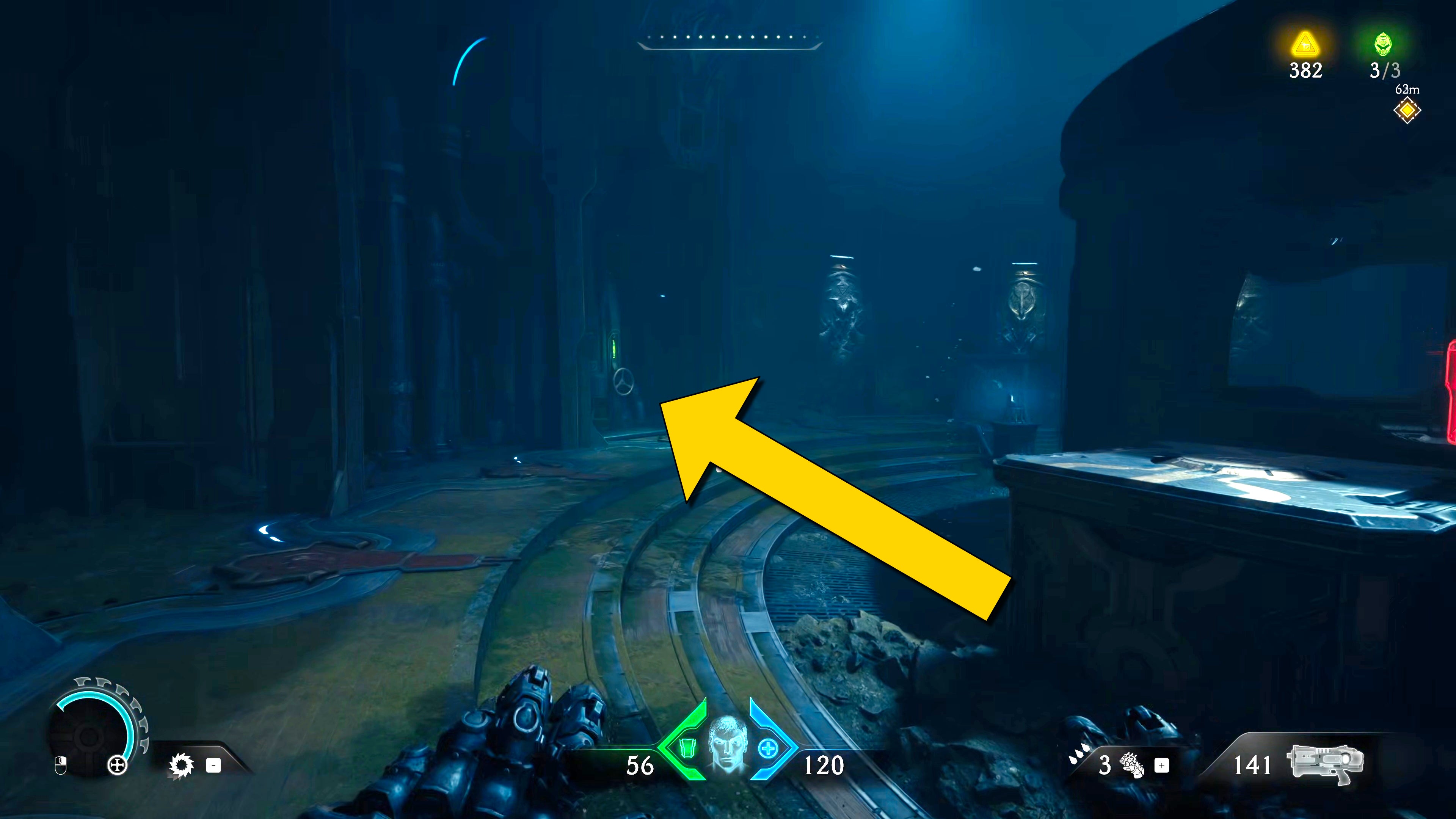 The player in Doom: The Dark Ages swims in a circular underwater room towards a valve on the wall in Chapter 5. - 13