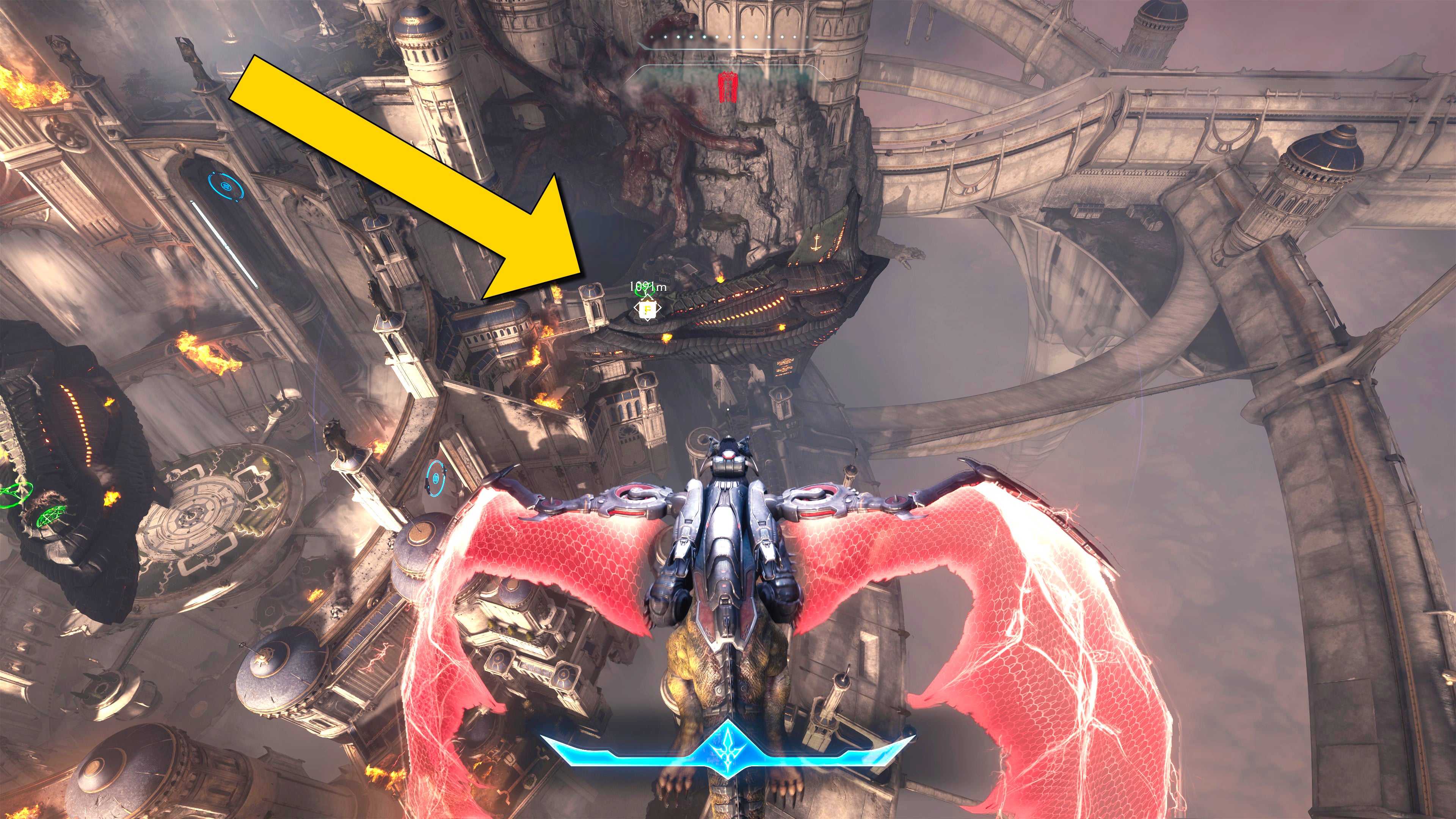 The player in Doom: The Dark Ages flies their Dragon towards a landing spot on a downed Hell Carrier in Chapter 5. - 17