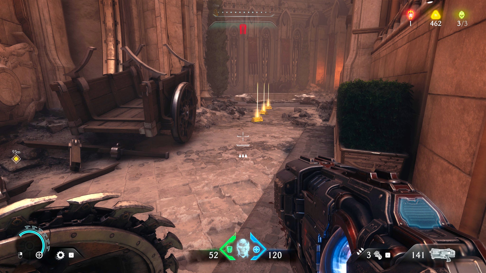 The player in Doom: The Dark Ages wakls towards a hole in the ground in part of Chapter 5's city environment. Between the player and the hole is a line of Gold pickups on the floor. - 19