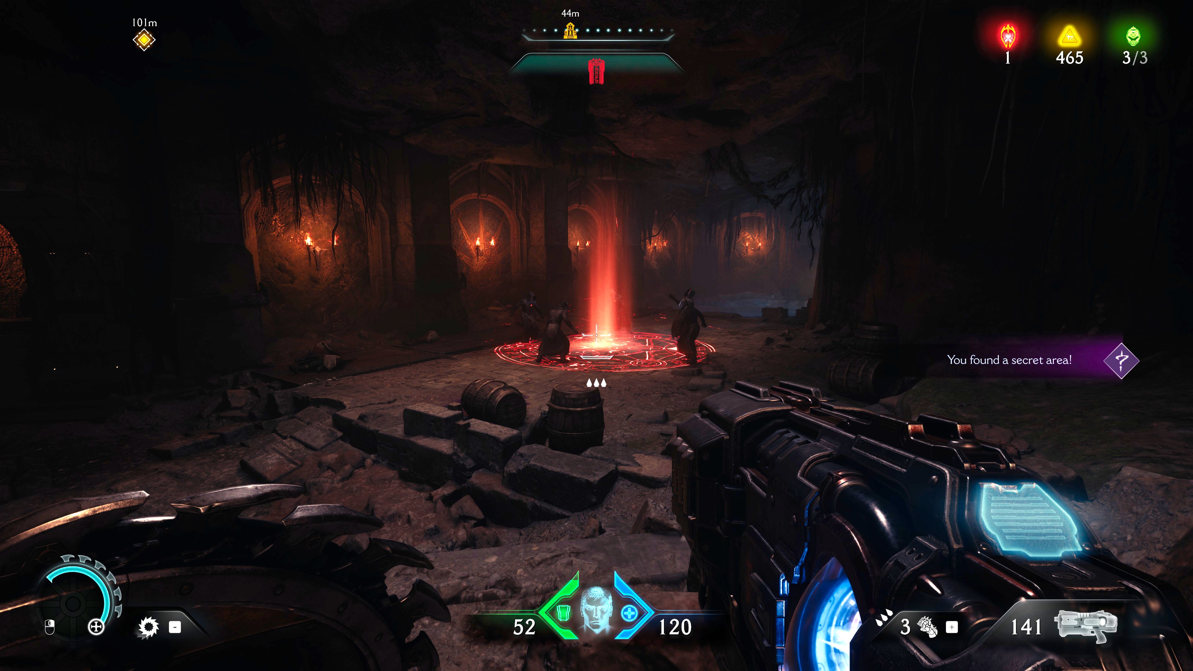 The player in Doom: The Dark Ages approaches a group of enemy cultists performing a ritual in a darkened secret underground room. - 20