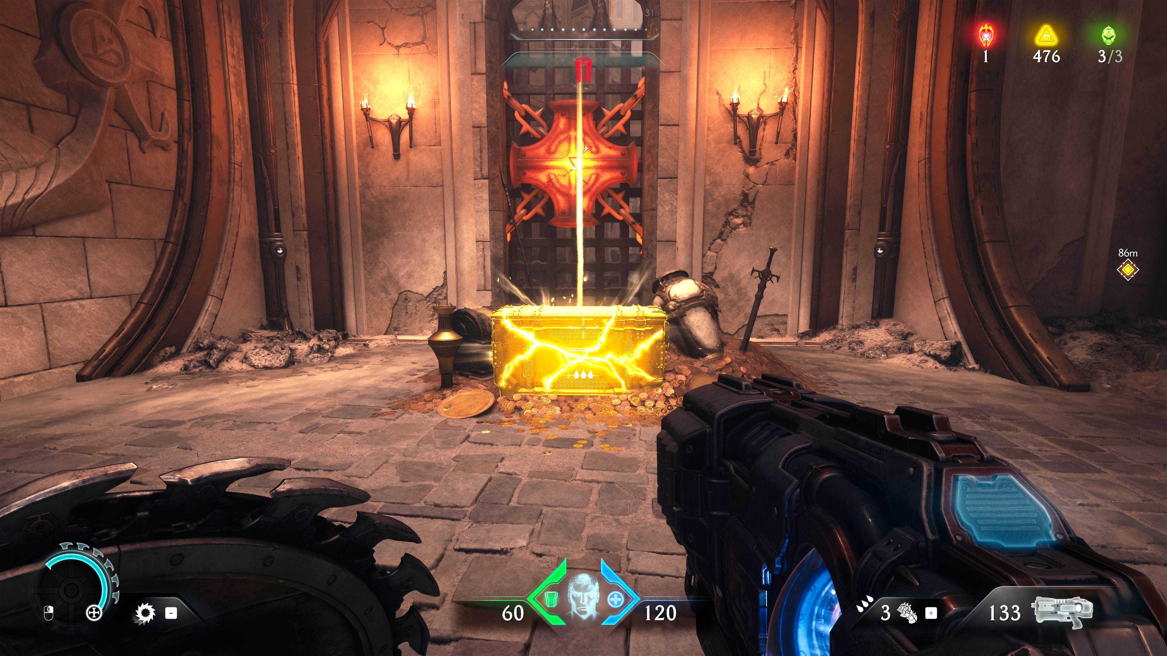 The player in Doom: The Dark Ages approaches a golden chest sat in front of a locked gate in a secret area of Chapter 5. - 22