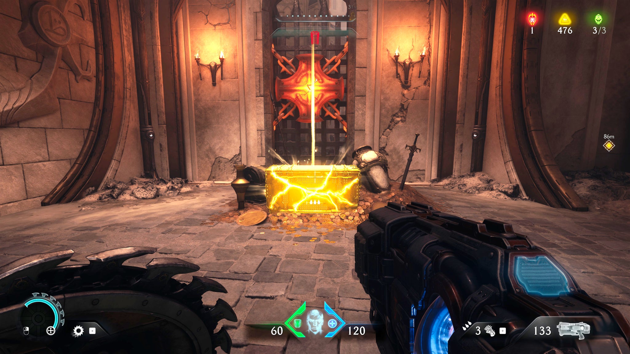 The player in Doom: The Dark Ages approaches a golden chest sat in front of a locked gate in a secret area of Chapter 5. - 22