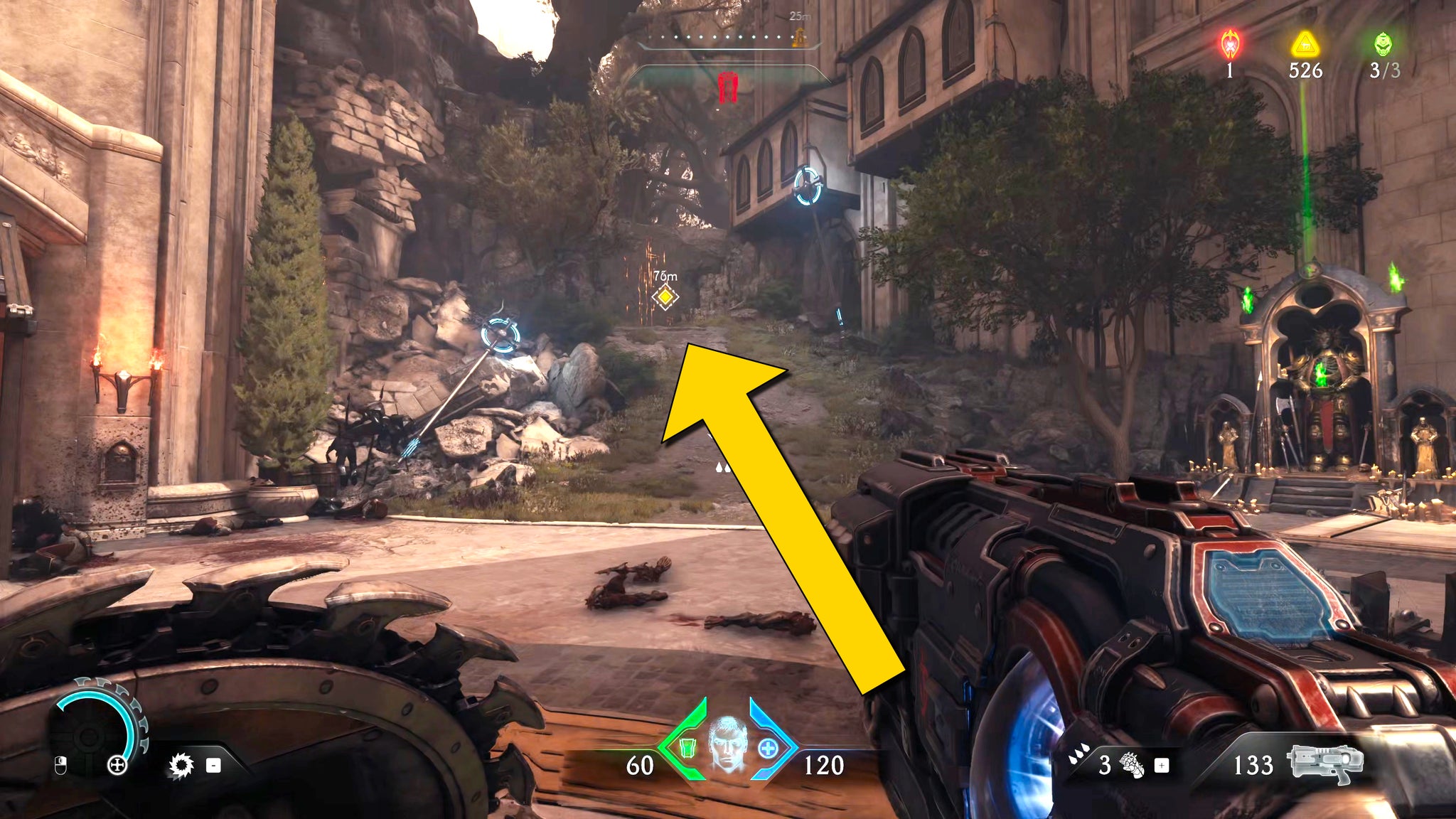 The player in Doom: The Dark Ages walks towards a climbable wall near a Sentinel Shrine in a city exterior environment in Chapter 5. - 23