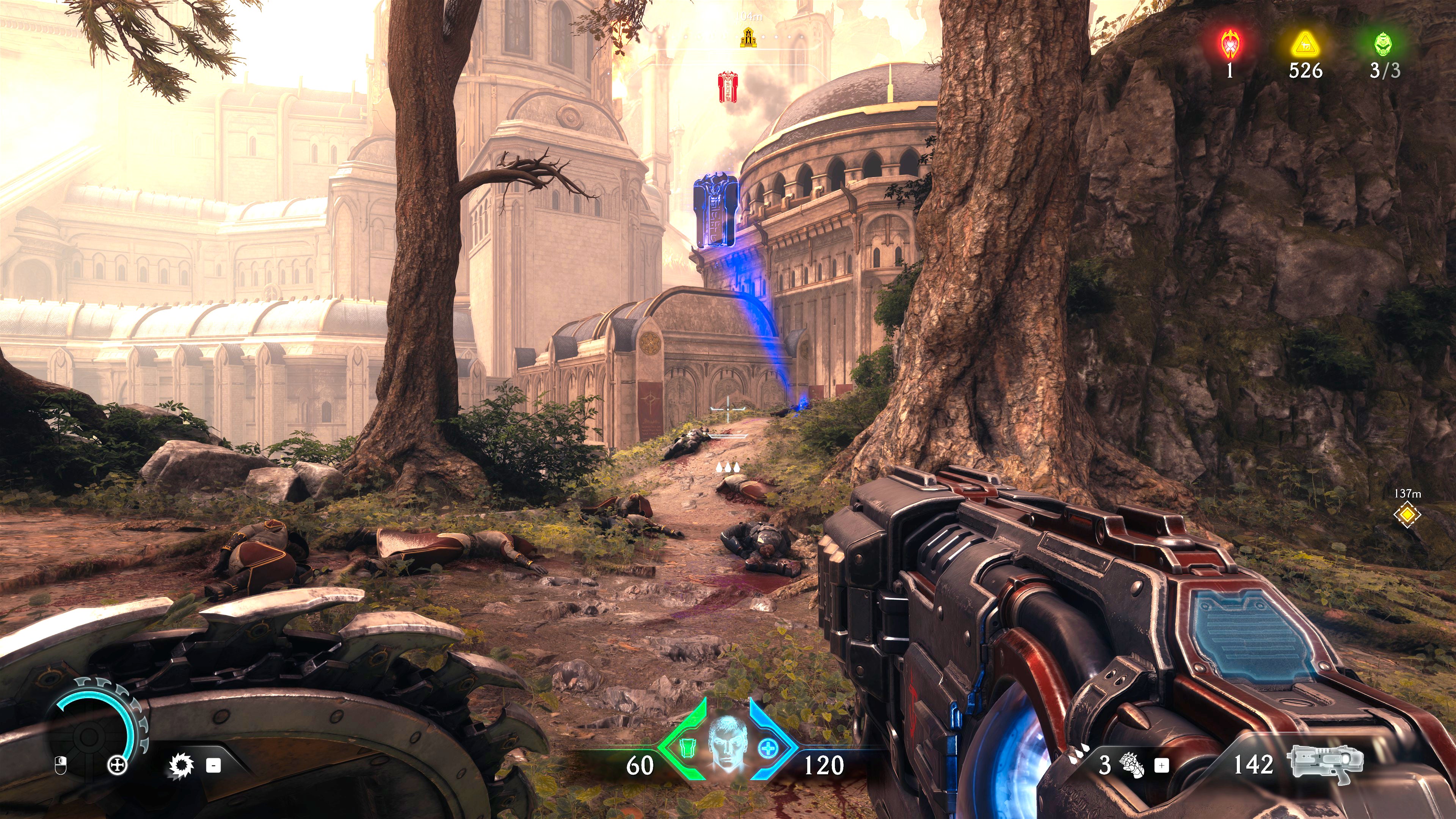The player in Doom: The Dark Ages walks towards a corpse on top of a cliff in Chapter 5. An icon displays the presence of the Blue Keycard item on the corpse. - 25
