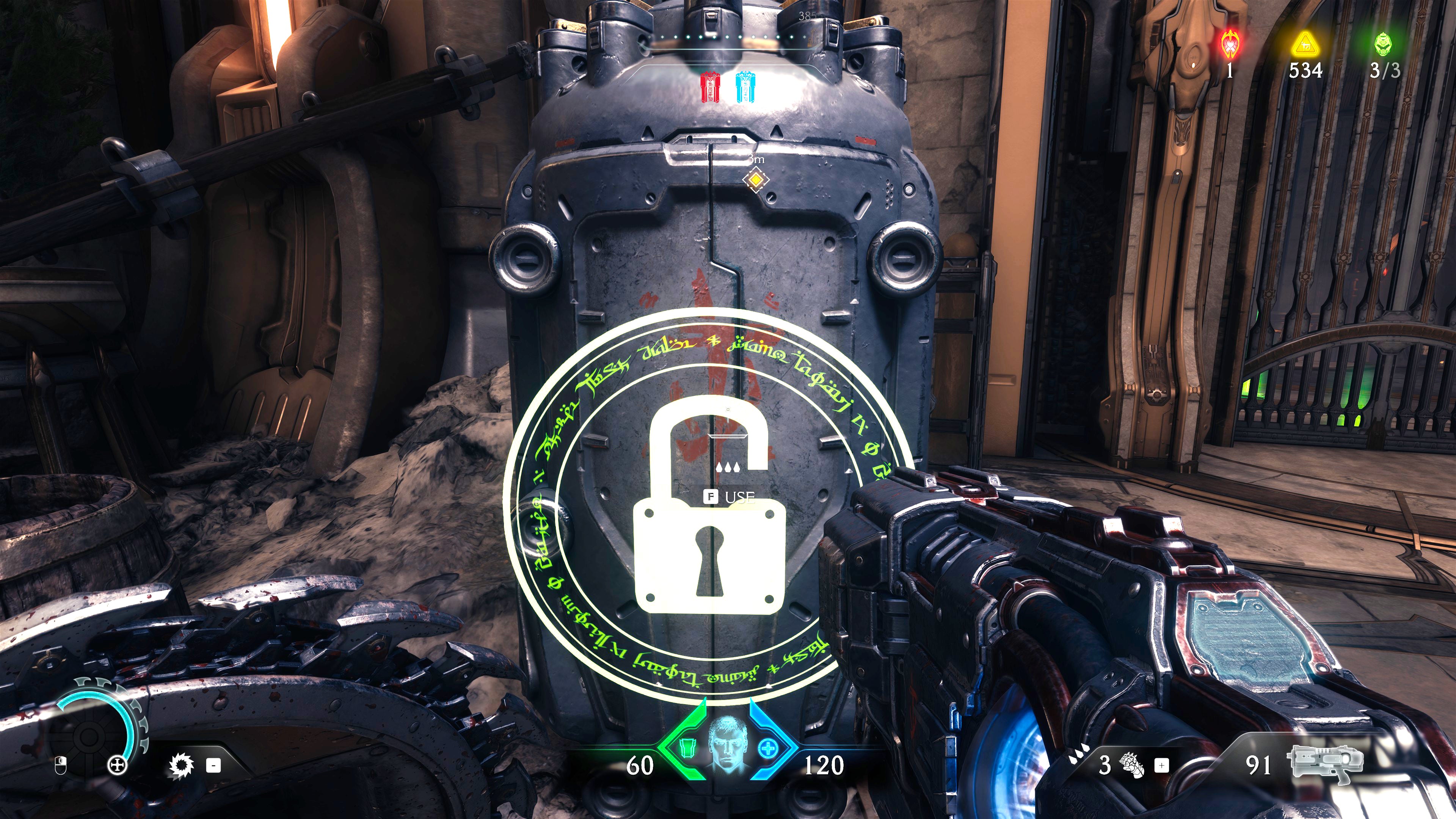 The player in Doom: The Dark Ages approaches a weapon unlock container in Chapter 5. - 27