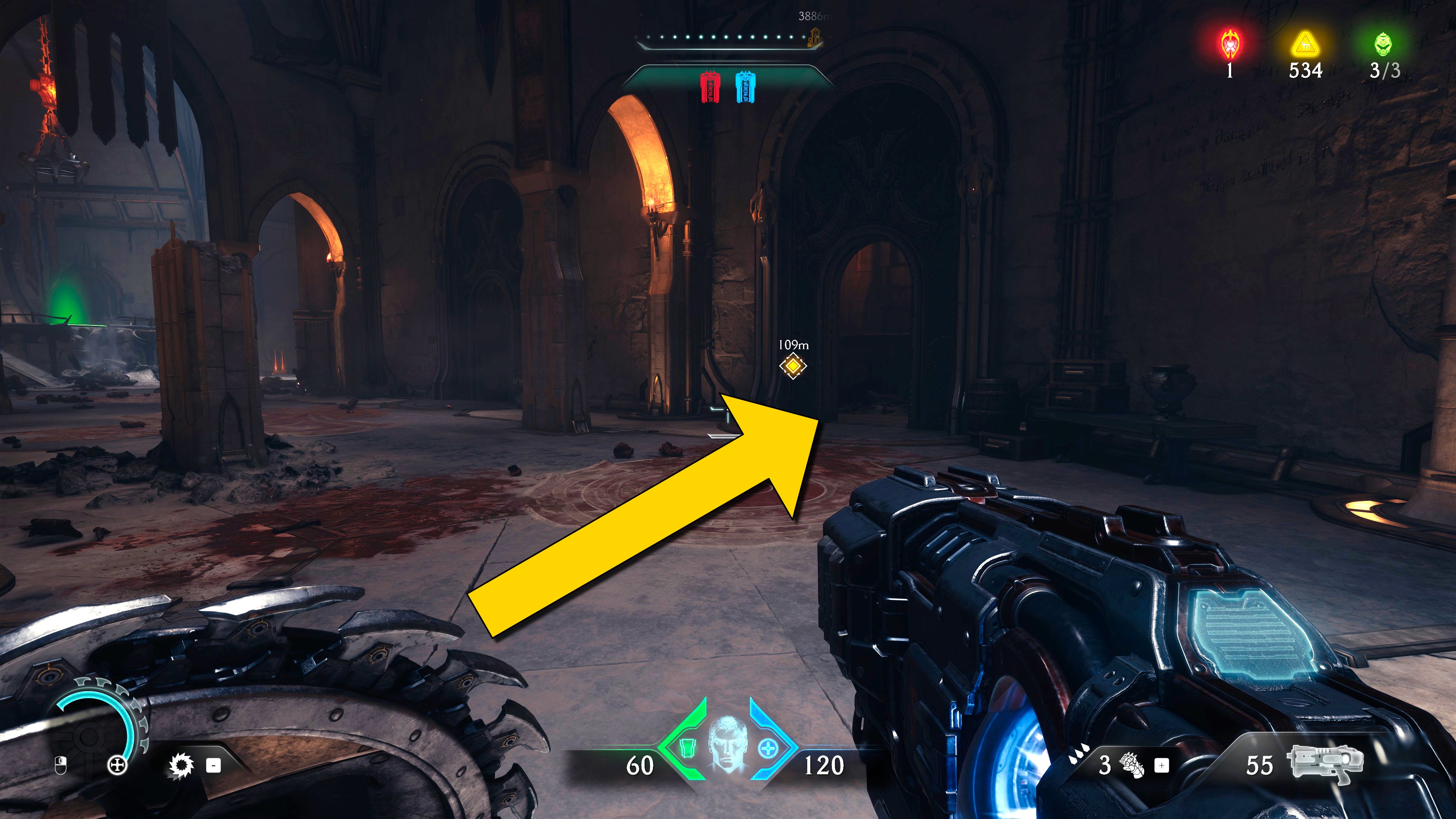 The player in Doom: The Dark Ages walks towards a dimly lit side doorway in a building in Chapter 5. - 28