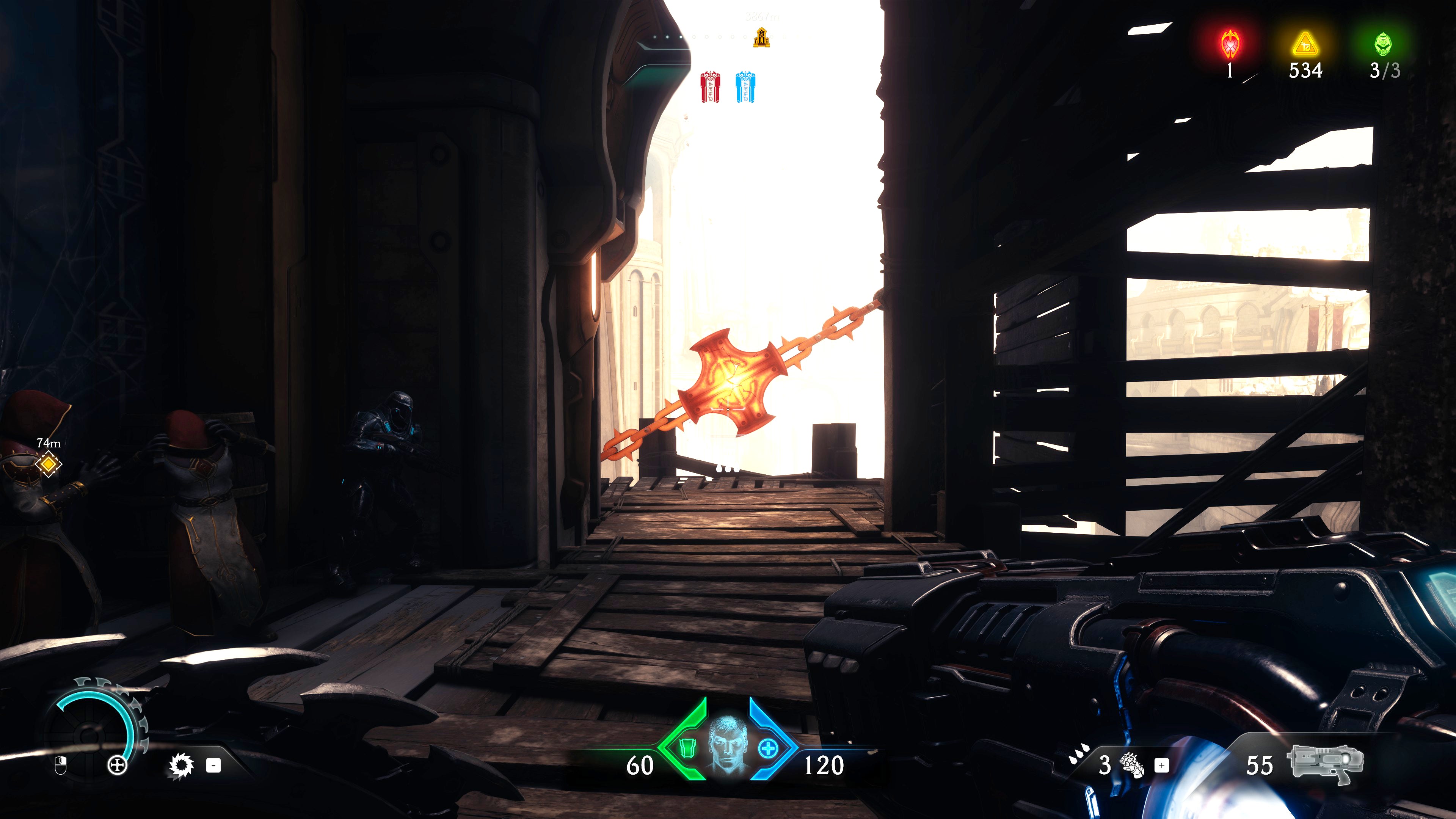 The player in Doom: The Dark Ages walks along a wooden walkway on the outskirts of a building in Chapter 5, and towards a path barred by a superheated chain lock. - 29