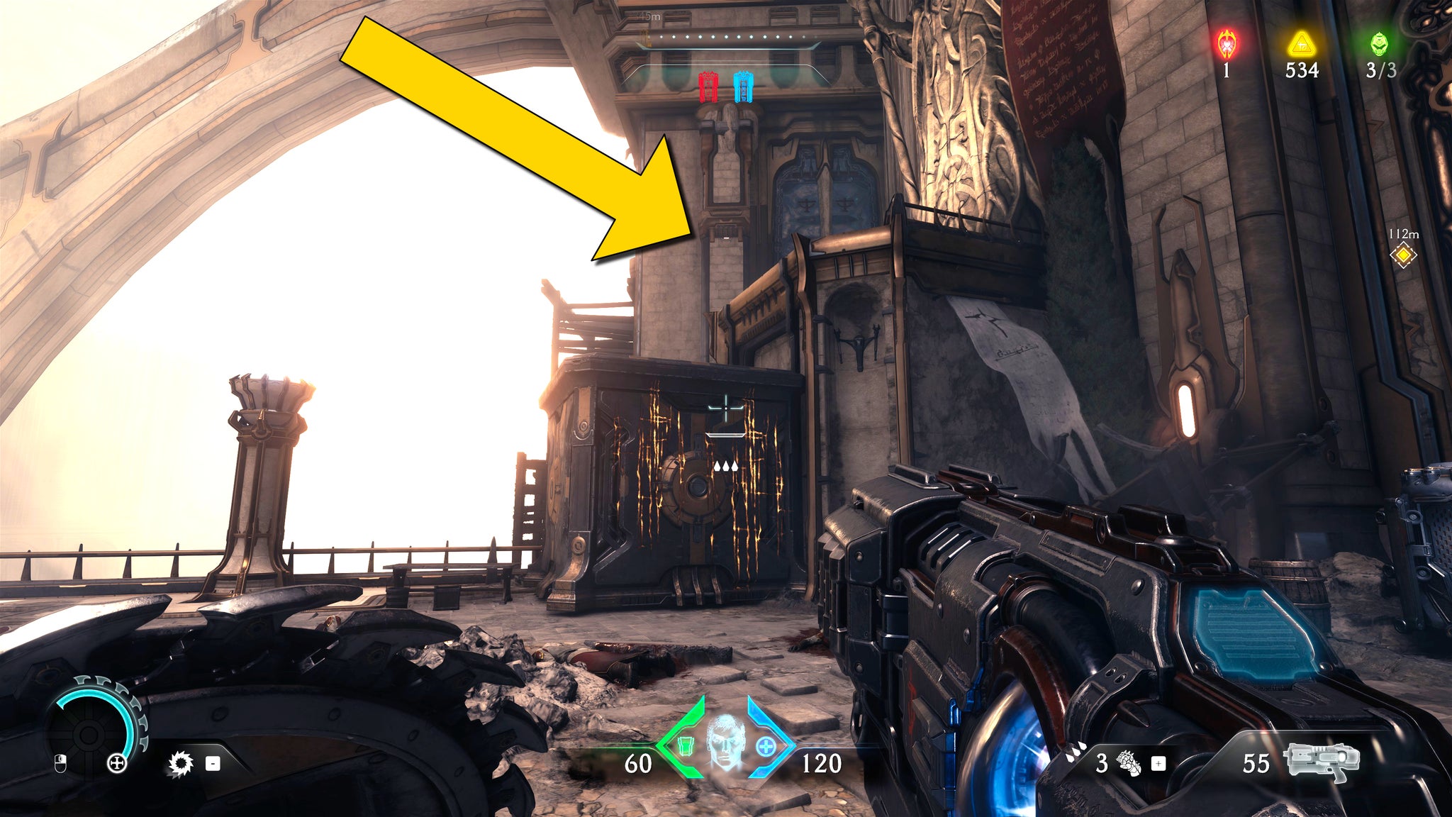 The player in Doom: The Dark Ages looks towards an upper balcony ledge of a building from below, and prepares to the climbable wall of a nearby cube to reach the upper ledge. - 30