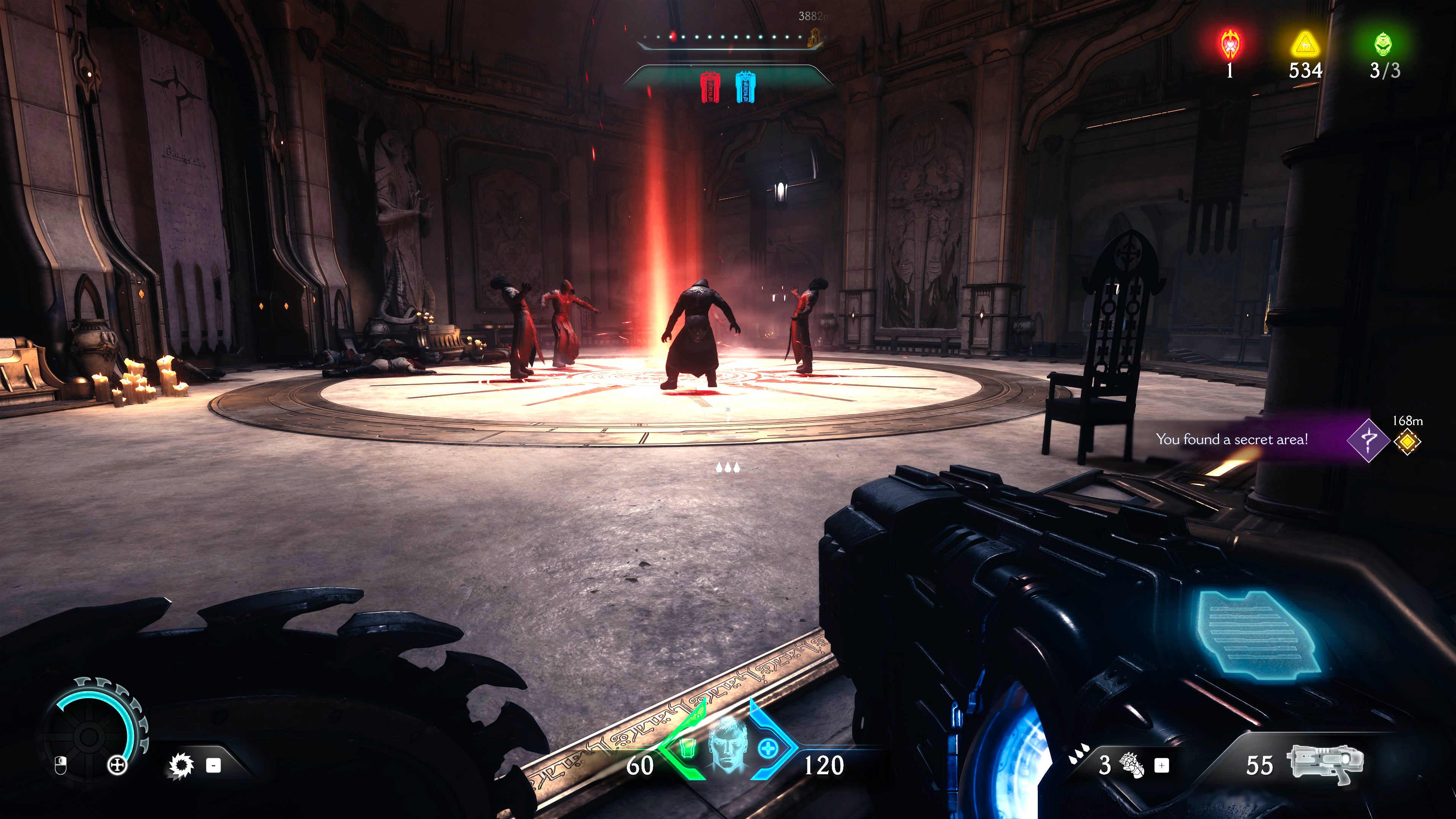 The player in Doom: The Dark Ages prepares to attack a group of cultists performing a ritual in a large secret room in Chapter 5. - 31