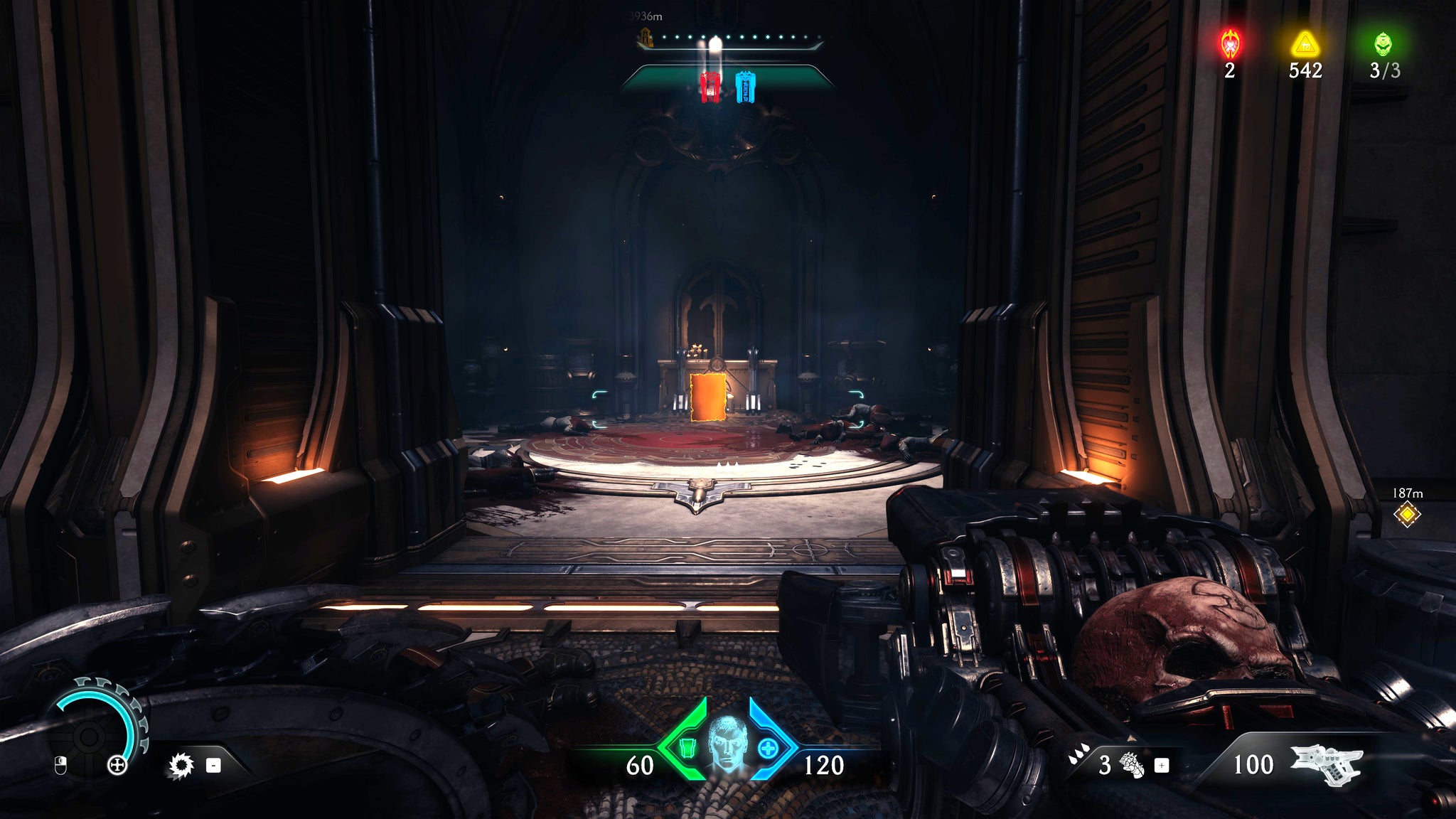 The player in Doom: The Dark Ages walks towards a Codex Entry pickup through a doorway in a secret area of Chapter 5. - 32