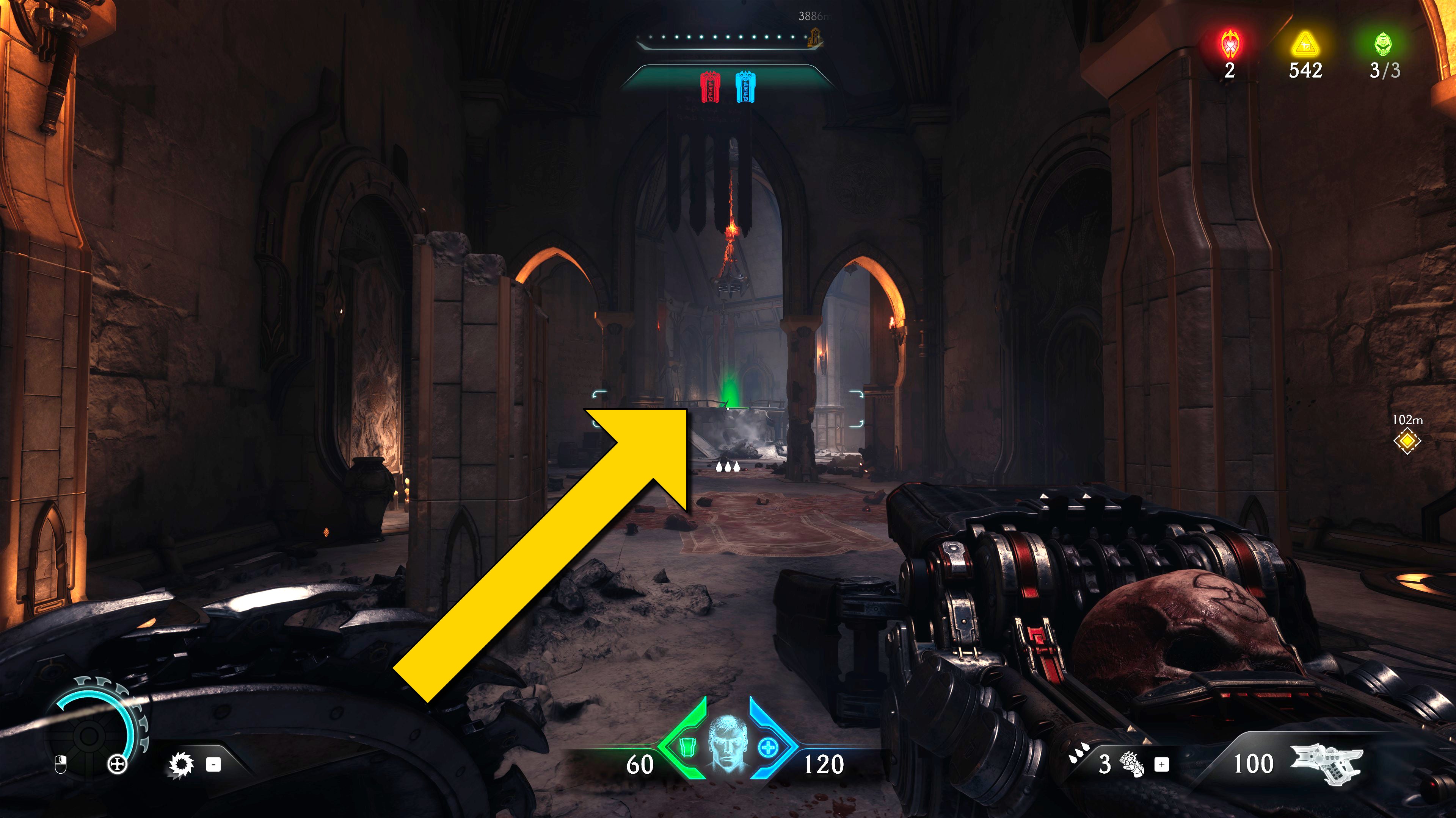 The player in Doom: The Dark Ages heads down a corridor in Chapter 5 and towards a green button on the floor on a raised ledge. - 33