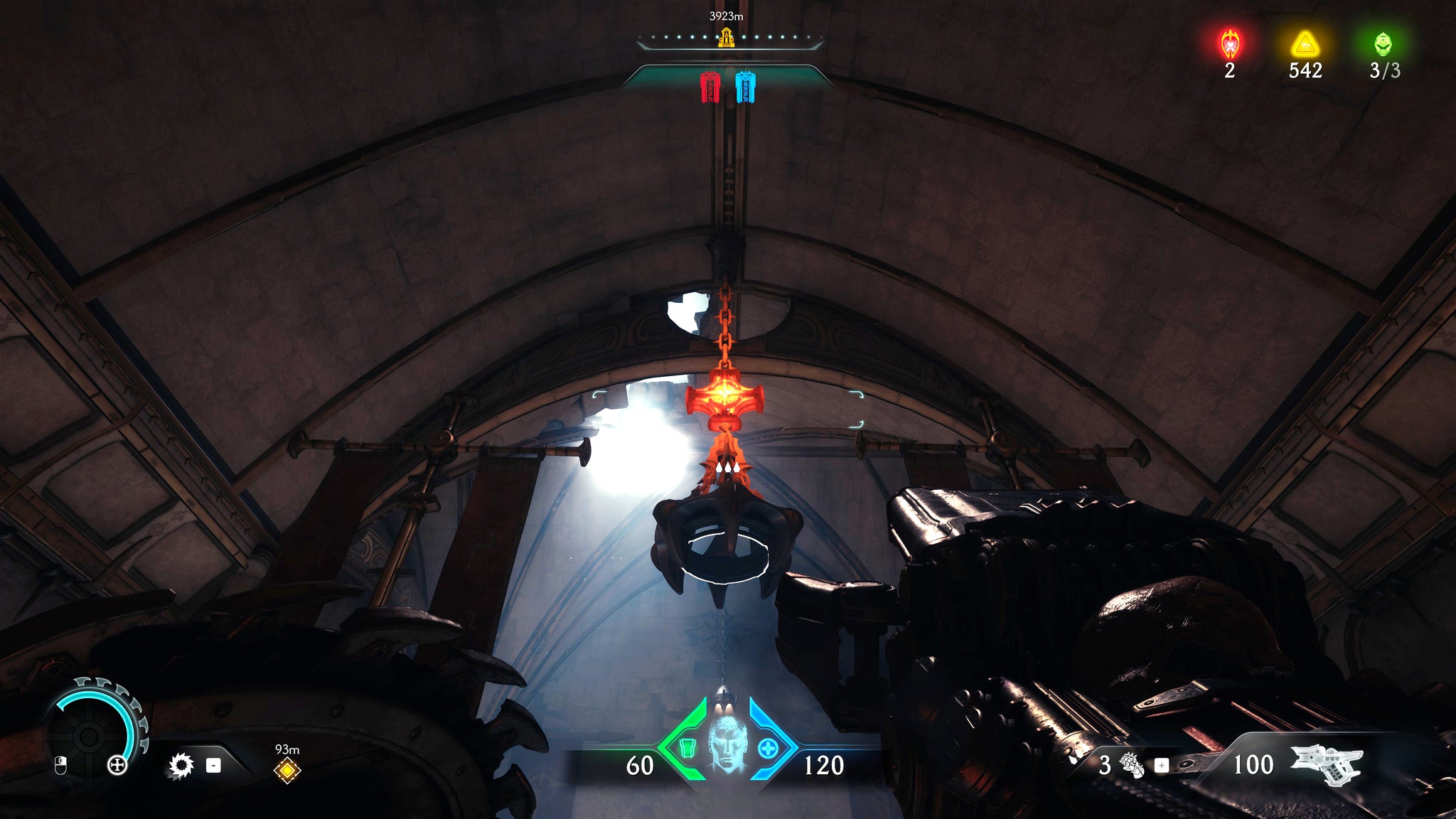 The player in Doom: The Dark Ages stands in a building interior and looks up towards a chandelier with a targetable superheated metal chain lock on it. - 34
