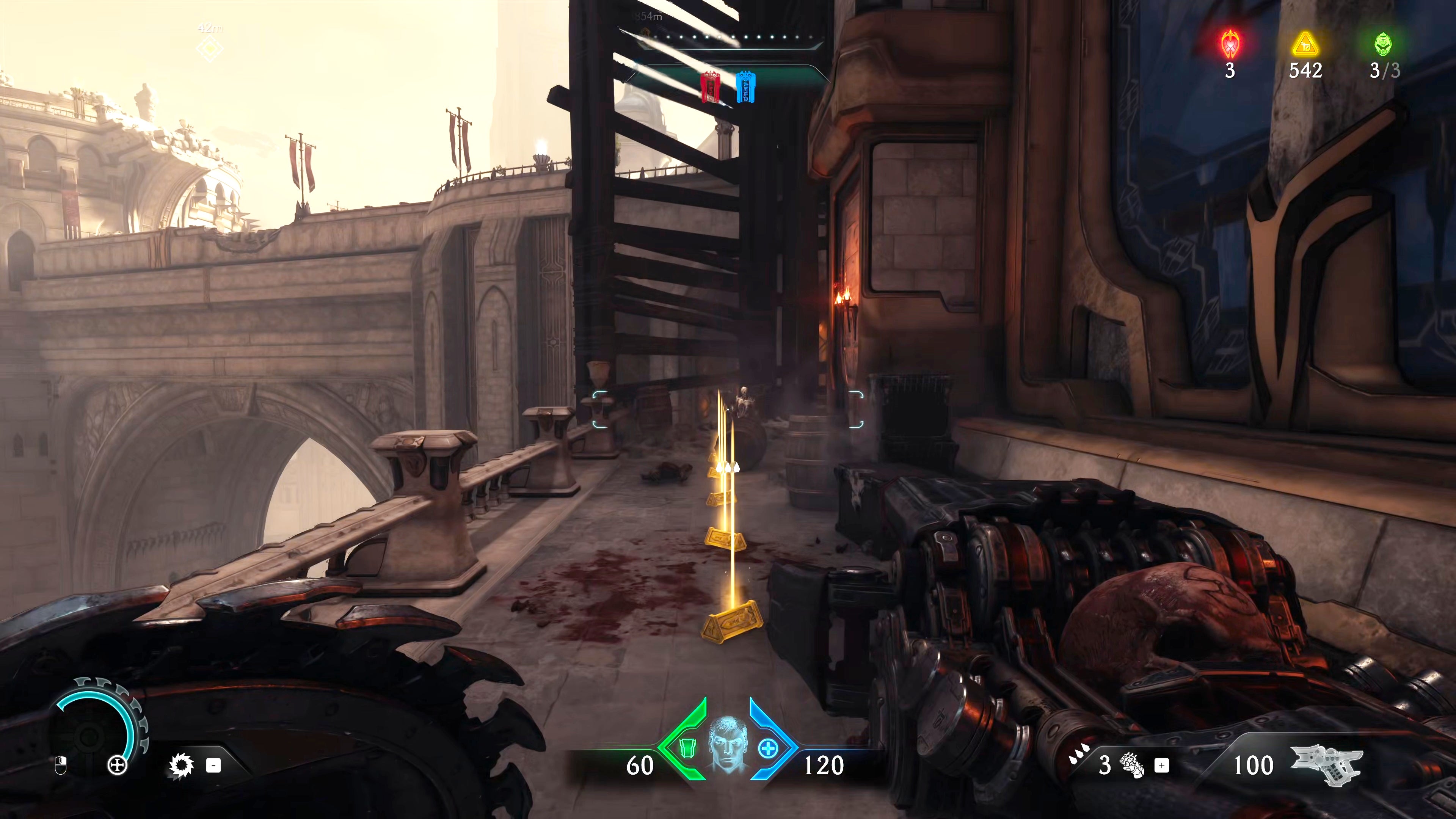 The player in Doom: The Dark Ages walks along a building's balcony towards an Imp demon in Chapter 5. - 38