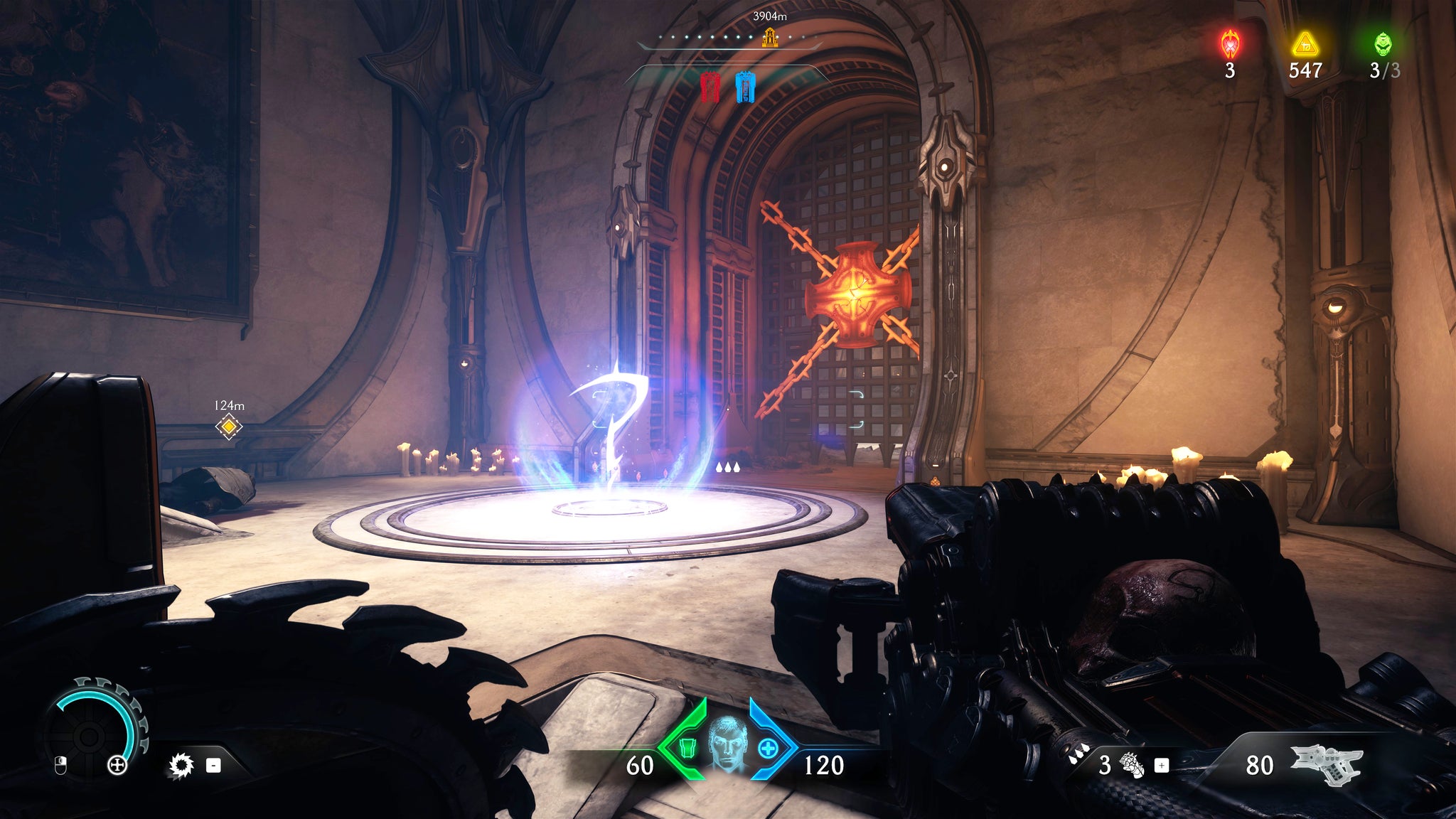 The player in Doom: The Dark Ages climbs some steps and stands in front of a collectible pickup on the floor in front of a locked gate in Chapter 5. - 40