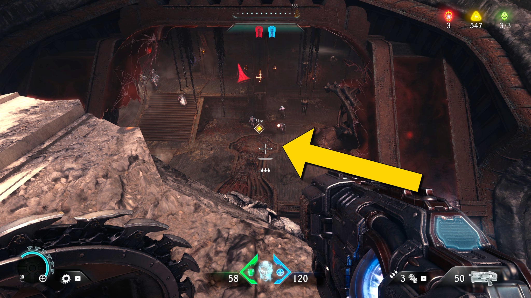 The player in Doom: The Dark Ages stands atop a high ledge and looks through a hole in the floor into a large room filled with demons in Chapter 5. - 41