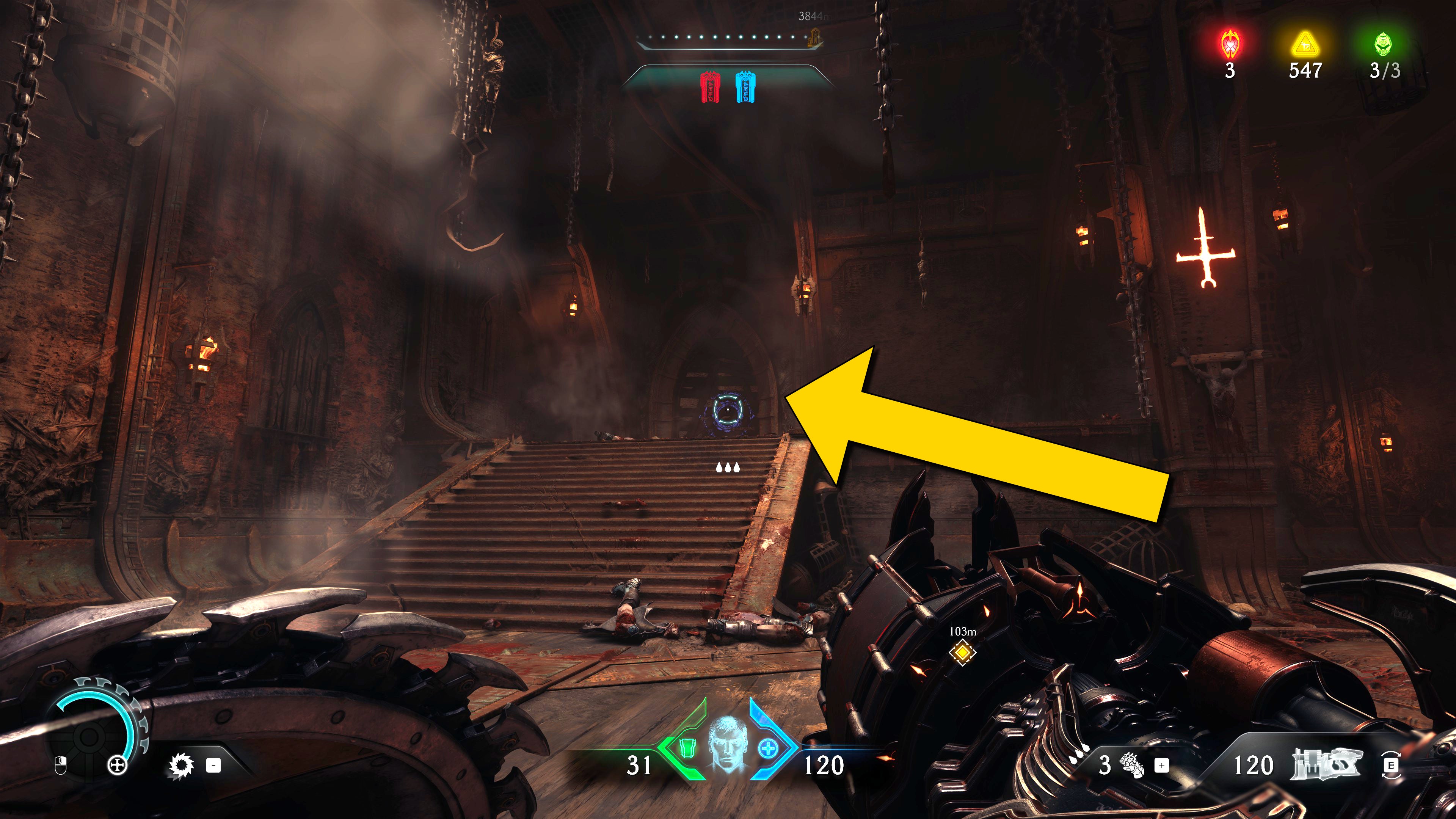 The player in Doom: The Dark Ages stands in the centre of a large room in Chapter 5 and looks towards a breakable wall at the top of a set of steps in the room's corner. - 42