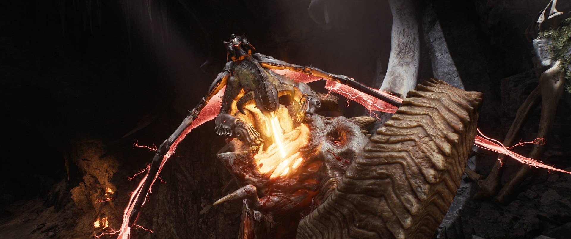 The dragon breathes fire down a demon's neck in Doom: The Dark Ages.