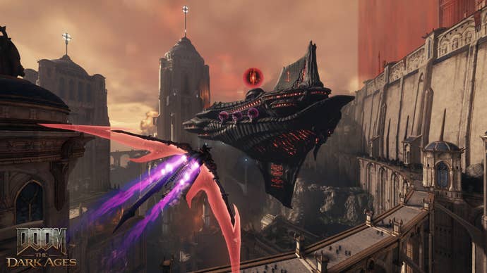A screenshot of the dragon-flying section in Doom The Dark Ages, showing a dragon with holographic wings zooming over a cityscape.