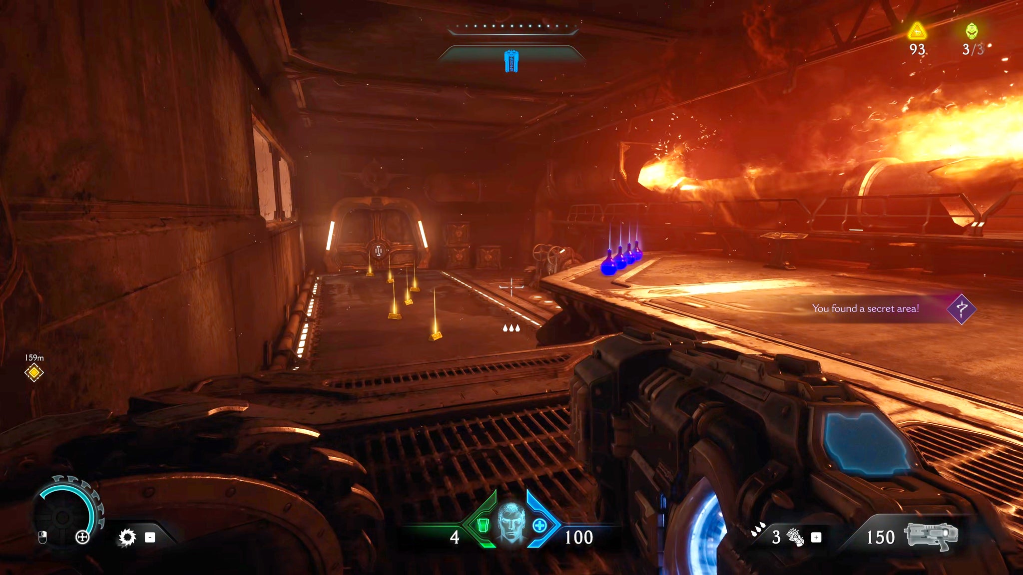 The player in Doom: The Dark Ages walks down the corridor of a secret area. To the right a jet of flame can be seen. - 10