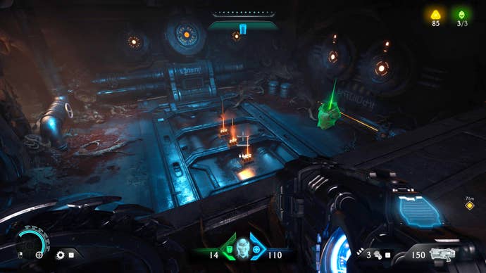 The player in Doom: The Dark Ages jumps down onto a lower platform indoors in Chapter 2. Ammo and Armour pickups are on the floor, and on the left of the screen a valve can be seen in the corner of the room.