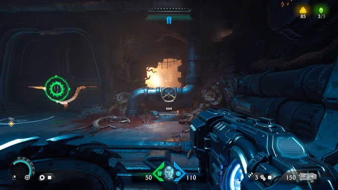 The player in Doom: The Dark Ages walks towards a valve on a pipe, situated below a hole in the wall. Through the wall can be seen the Flaming Door puzzle of Chapter 2.