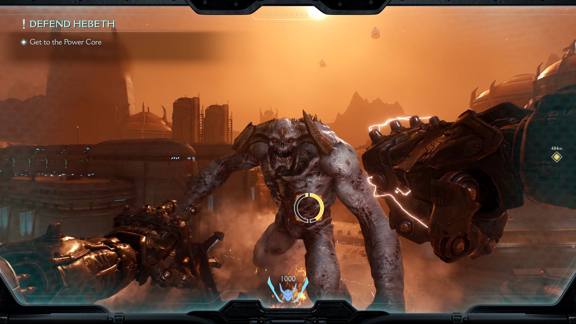 The player punches a tall demon while in a giant mech. - 1