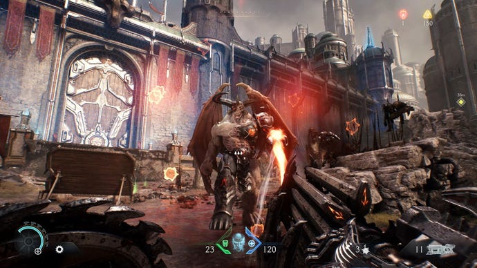 A gangly demon approaches the player, who fires an impaler round.