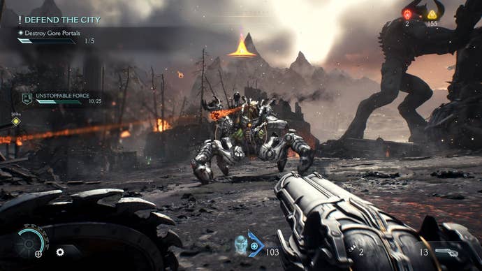 A spider like enemy gets ready to attack as the ground around it lies black with ash.