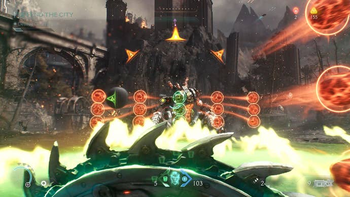 The player raises their shield to protect against glowing ball attacks from one enemy.