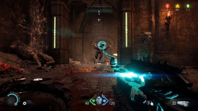 The player fires their chainshot gun, which knocks the enemy demon down in a swigt, hard hit.
