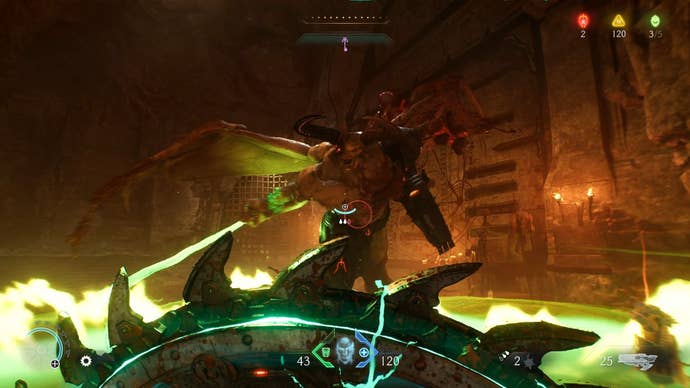 The player protects themselves with the shield from a swipe by a tall demon.