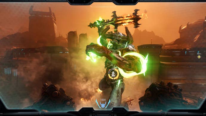 A giant demon swings his sword at the player, glowing an angry green.