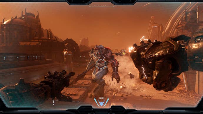 The player raises his mech’s fist, ready to launch a strike at an enemy demon.