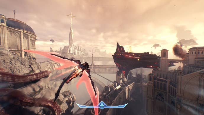 A dragon flies above ancient city buildings as a war rages.