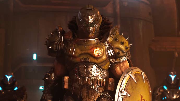 The Dark Ages, clad successful their acquainted armour and staring astatine the camera portion holding astatine their broadside the caller Saw Shield weapon.