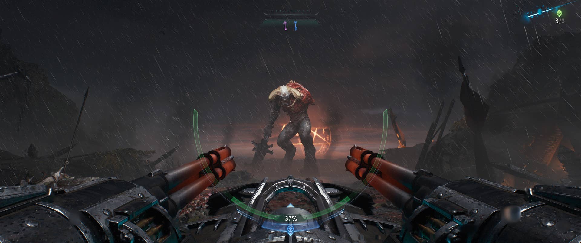 A turret section fighting a large demon in Doom: The Dark Ages.