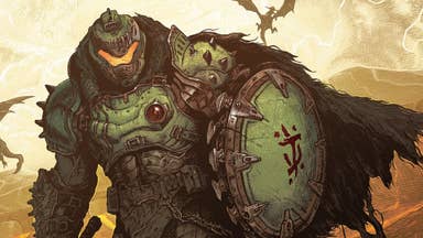 Doom: The Dark Ages illustrated promotional art showing the Doom Slayer standing in front of a dismal landscape while dragons circle behind him.