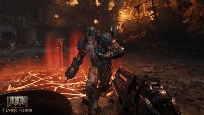 A demonic enemy with a sword for a hand advances on the Doom Slayer. It’ll be their funeral.