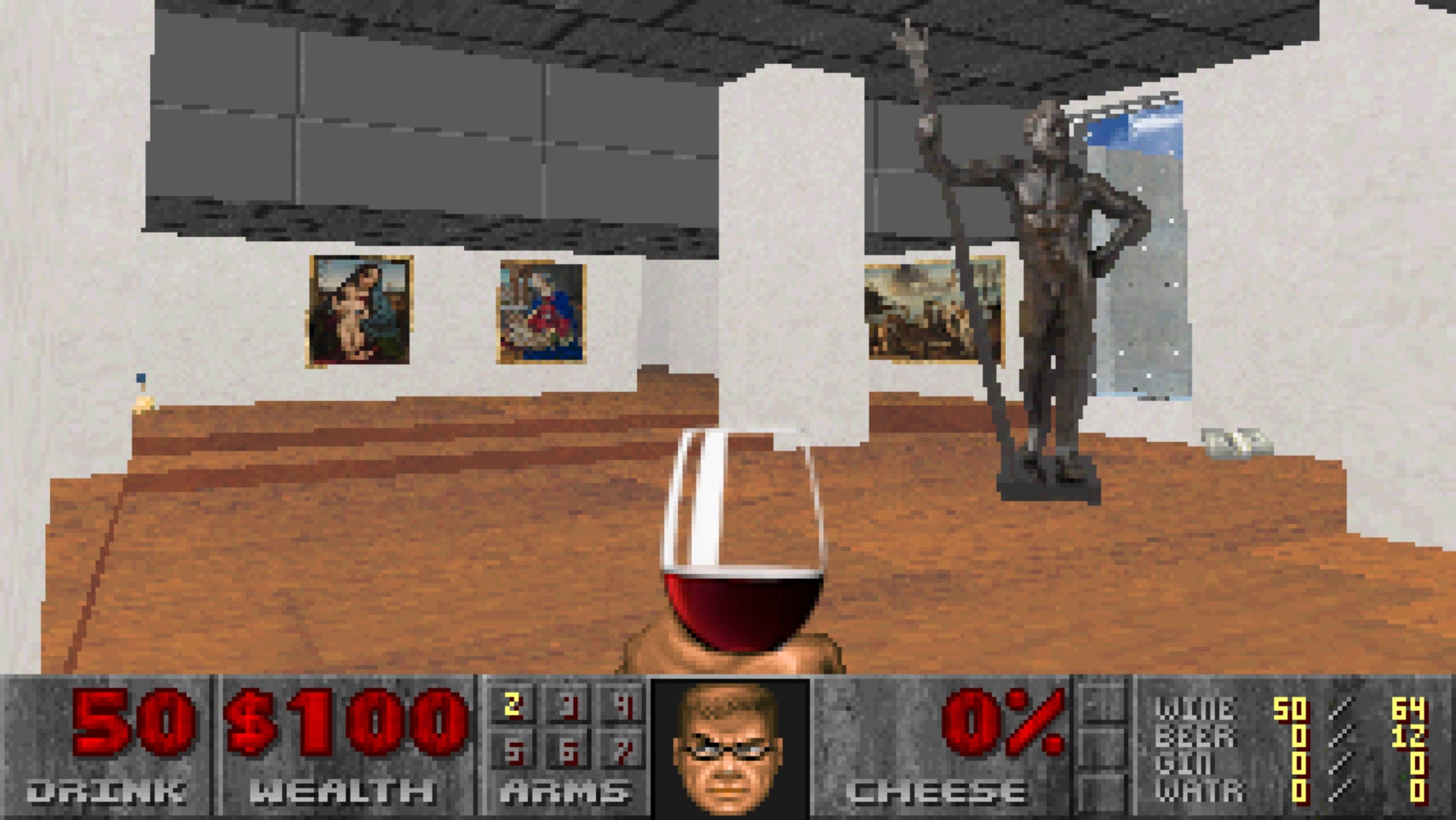 Doomguy carrying around some wine while looking at art in Doom: The Gallery Experience. - 1