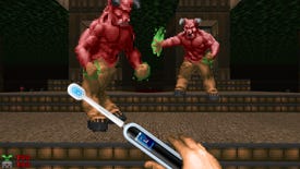 A faked Doom screenshot with Doomguy holding an Evowera electric toothbrush.