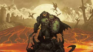 Doom guy is holding a weapon and a shield as beasts fly overhead in a hellish landscape full of lava
