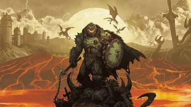 Doom guy is holding a weapon and a shield as beasts fly overhead in a hellish landscape full of lava
