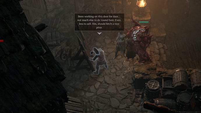 An NPC working on a door in Diablo IV, giving the player some explanation as to why he's been working on the door for days