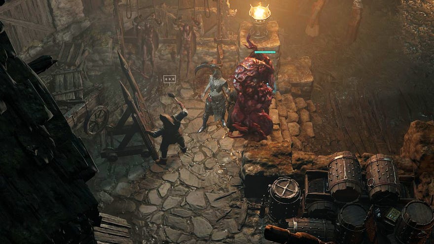 An NPC in Diablo IV working on a door