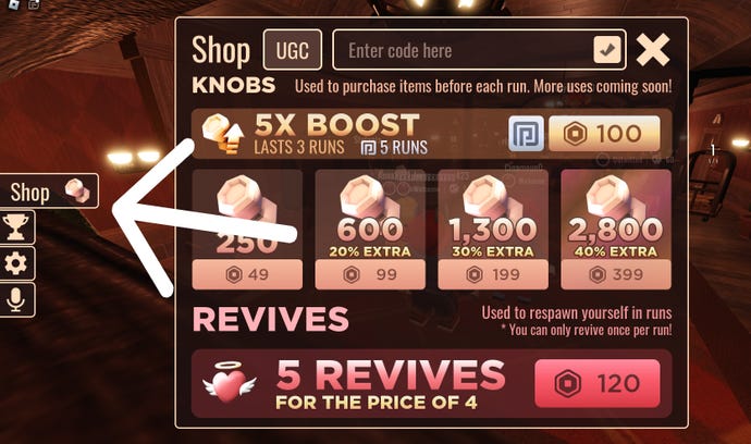 Location of where to redeem codes in the Roblox game Doors