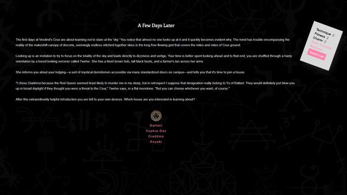 A screenshot from the early part of Benji Bright’s text game Doors, describing the player character - a sorcerer - about to choose their school house