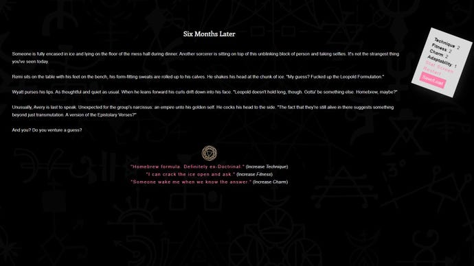 A screenshot from Benji Bright’s text game doors, a little later in the demo, showing the player deciding what to do about another student encased in ice - and thus levelling up one of their skills.