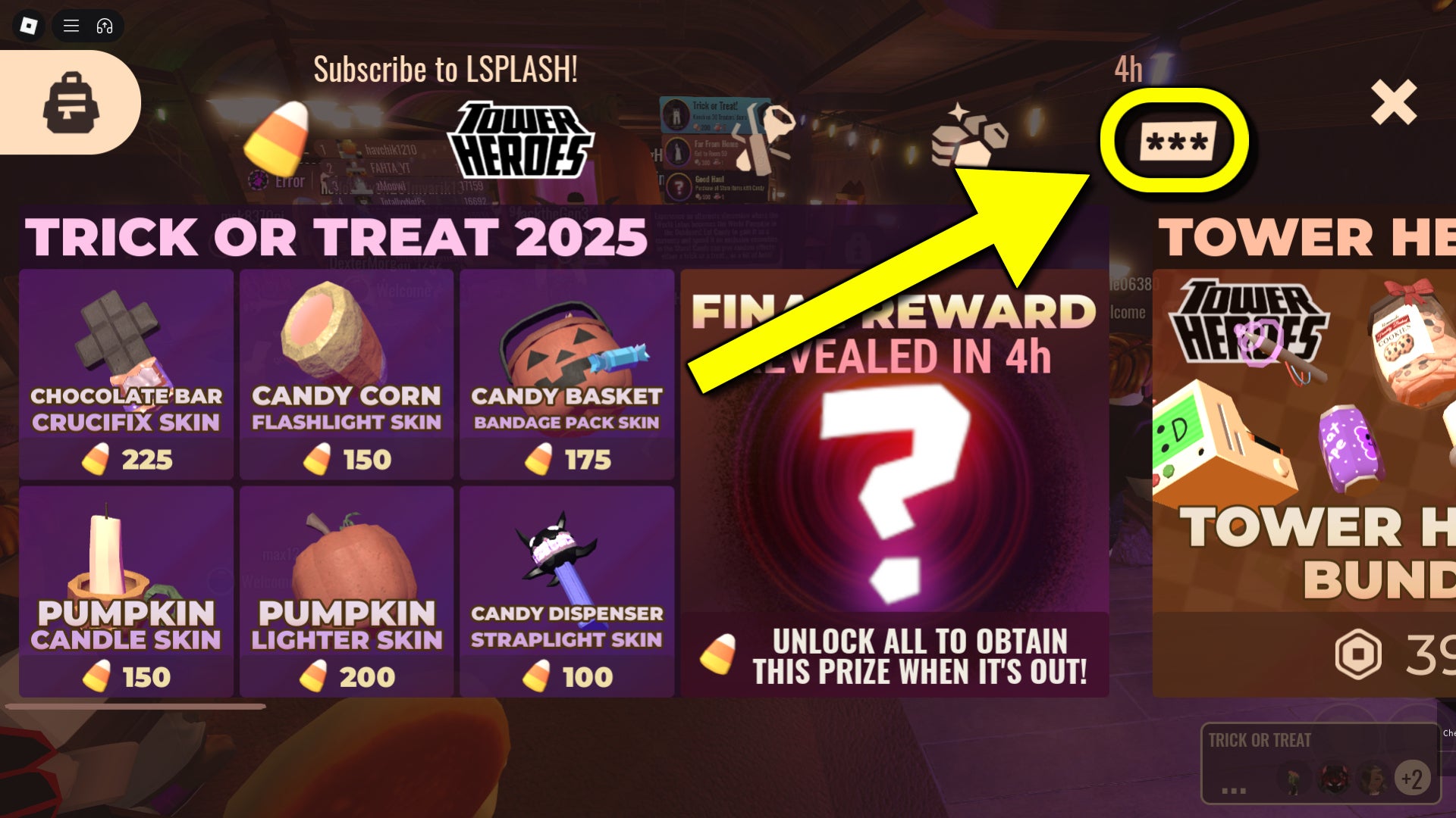 An in-game screenshot of the Roblox game, Doors, featuring an arrow pointing to the codes button in the in-game shop. - 3